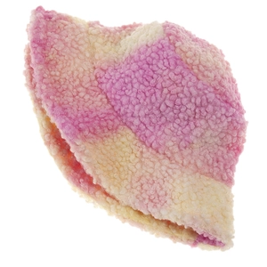 Tie-dye thickened faux lamb wool bucket hat in pink and yellow plaid for winter warmth