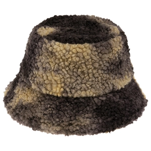 Close-up of thick tie-dye faux shearling bucket hat with soft plush camo texture