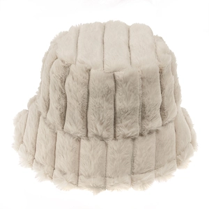 Plush faux rabbit fur bucket hat with vertical stripe pattern in creamy white color