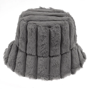 Dark grey faux fur bucket hat with vertical stripe texture for winter warmth