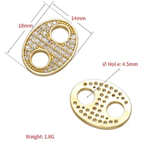 Micro-paved zircon flower oval connector in gold-plated metal, size 18x14mm for jewelry DIY