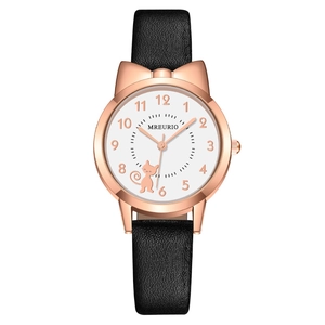 Cute Cat Ear Case Women Quartz Watch Fashion Leather Strap Girl Student Watch With Arabic Numerals And Kitten Dial Pattern
