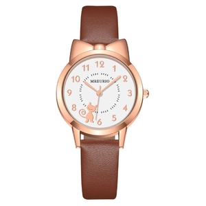Cute cat-ear quartz watch for girls with rose gold case and brown leather strap