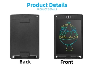 Close-up of portable LCD writing tablet with stylus showing colorful lines and erase button