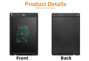 Front and back detail of black LCD writing tablet showing colorful lion drawing and stylus