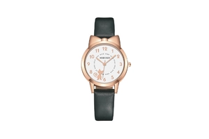 Detailed close-up of a rose gold watch featuring a cute cat dial and dark green leather strap