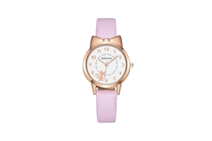 Detail of pink leather strap watch with rose gold case and cute cat pattern dial