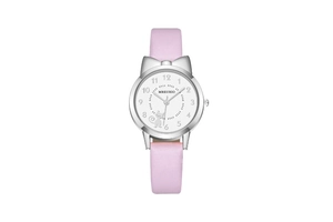 Detail of pink leather watch strap and silver cat ear case with playful kitten dial
