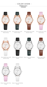 Grid display of cat ear quartz watches featuring leather straps in multiple colors