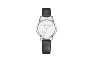 Close-up of cute cat-themed girl's watch with black leather strap and cat ear bezel