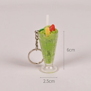 Detail of 6cm green sundae milkshake keychain with strawberry and silver metal ring
