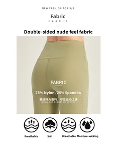 Gros plan du legging de yoga vert Morandi taille haute en 75% nylon et 25% élasthanne