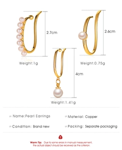 Detailed size chart of gold copper pearl ear clips including dimensions and weight