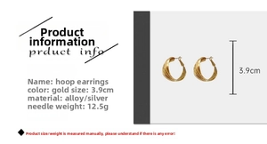 Detail view of 3.9cm gold twisted hoop earrings showing exact size and weight specs