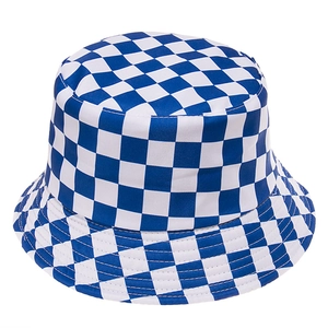Detailed view of the blue and white checkered pattern on a canvas bucket hat surface
