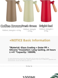 Detail showing 1L thermal carafe colors and 24-hour heat retention glass liner data