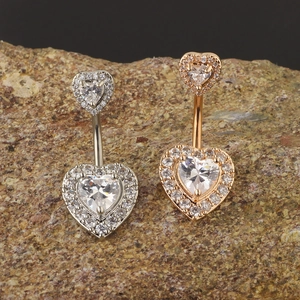 Piercing ombelico doppio cuore con zirconi brillanti in argento e oro rosa