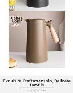 Detail of 1000ml coffee thermal carafe with wooden handle and matte finish design