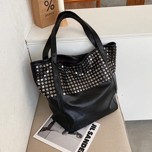 Fashionable black large capacity tote bag with silver studs and double top handles