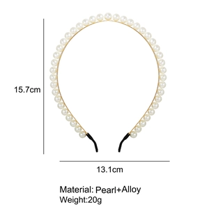 Detail showing pearl and alloy headband dimensions 15.7cm by 13.1cm and 20g weight