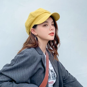 Stylish yellow cotton linen octagonal newsboy cap for women with retro beret design