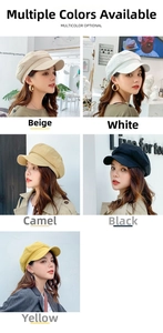 Collage of breathable cotton linen newsboy hats in beige white camel black and yellow