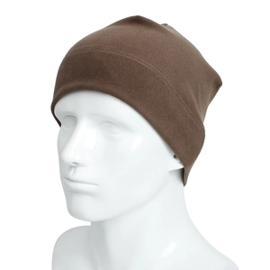 Detail view of smooth brown fleece fabric texture and stitching on outdoor beanie
