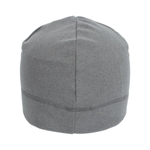 Detail of dark grey knit running beanie with reinforced stitching and fleece lining