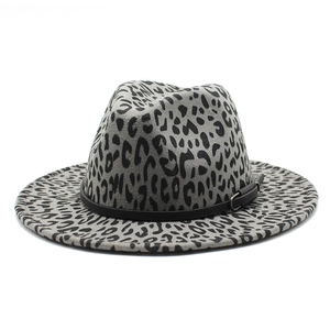 Grey leopard print wool fedora hat with black leather belt and silver buckle