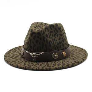 Leopard print wide brim fedora hat with a silver bull head buckle and brown band