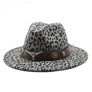 Gray leopard print wool fedora hat with brown leather band and silver bull head buckle