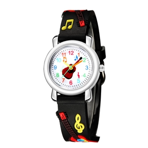 Kids quartz watch with 3D guitar embossed black strap and musical notes for boys and girls