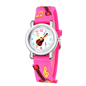 Pink 3D embossed guitar kids watch with silicone strap and cartoon musical notes