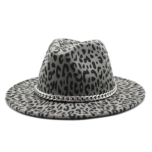 Chapeau Fedora en laine imprimé léopard gris avec chaîne en métal argenté pour hommes et femmes