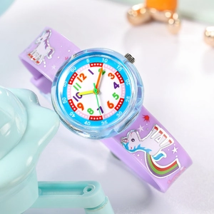 Kids purple unicorn watch with rainbow patterns and clear blue case for children