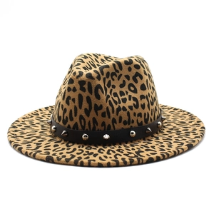 Leopard print wide brim jazz hat with punk style studded black leather band