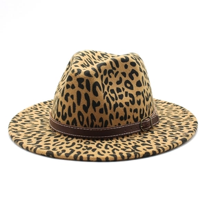 Classic leopard print felt fedora hat with brown leather belt and gold buckle for women