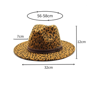 Detailed size specifications of leopard print wool fedora hat with brown leather band