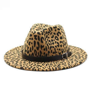 Classic leopard print wool fedora hat with a black leather band and metal buckle detail