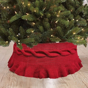 Christmas Tree Collar Knitted Polyester Fiber Cable Knit Ruffle Edge Plastic Support Panels Festive Home Burgundy