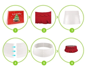 Detailed 6-step assembly guide for a burgundy knitted Christmas tree collar with frame