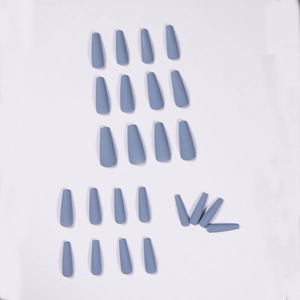Matte smog blue long ballerina press-on nails set with 24 pieces in a flat lay view