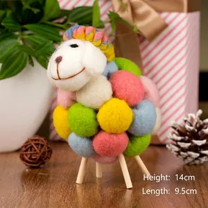 Detail view of colorful wool felt sheep ornament with wooden legs and size dimensions