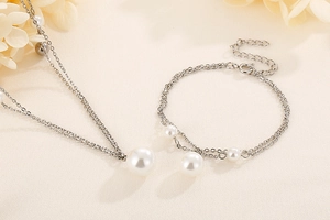 Detailed view of silver-tone pearl necklace and bracelet set on an elegant flower background