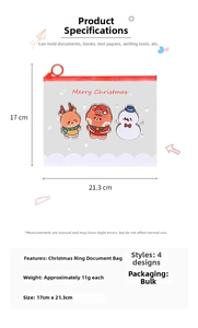 Detailed specs of cartoon Christmas document bag with ring zipper and animal graphics