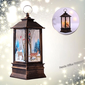 Detail of vintage Christmas LED lantern with elk and snow forest painted patterns