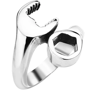 Detailed close-up of a silver stainless steel ring featuring a creative wrench and nut design