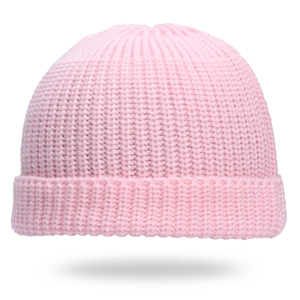 Pink rib-knit docker hat with thick cuff design for men and women in winter streetwear style