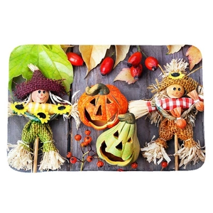 Absorbent Halloween flannel mat featuring cute scarecrows and pumpkins on wood background