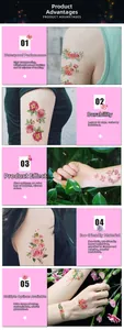 Waterproof floral temporary tattoo stickers featuring roses and butterflies on arm